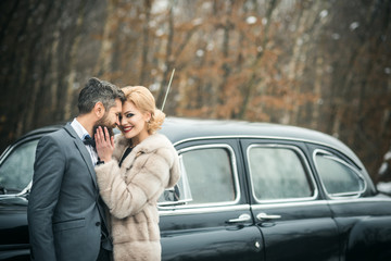 traveling and wanderlust. traveling of couple in love on retro car.