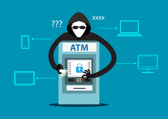 flat illustration thief steals money from ATM, blue cash machines, in black shirt, robber in mask. Criminal person,icons technology