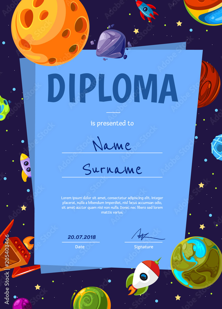 Poster vector certificate template with with cartoon space planets and ships