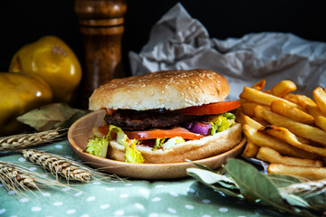 Cheese burger - American cheese burger with Golden French fries