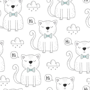 Seamless pattern with cute little cat. vector illustration