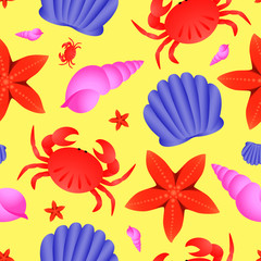 Fototapeta na wymiar Vector seamless sea theme pattern. Crab, fish star and shell on yellow background, summer pattern
