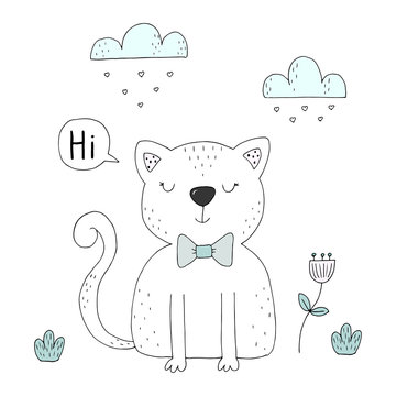 Hand Drawn cute Funny Cartoon vector cat print