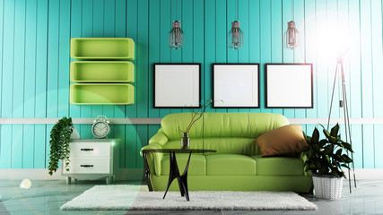 Modern living room interior with sofa green and white carpet, lamp, table, plants on mint wall background.3D rendering