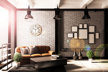 Modern Loft living room interior with sofa and green plants,lamp,table on brick wall background. 3d rendering.