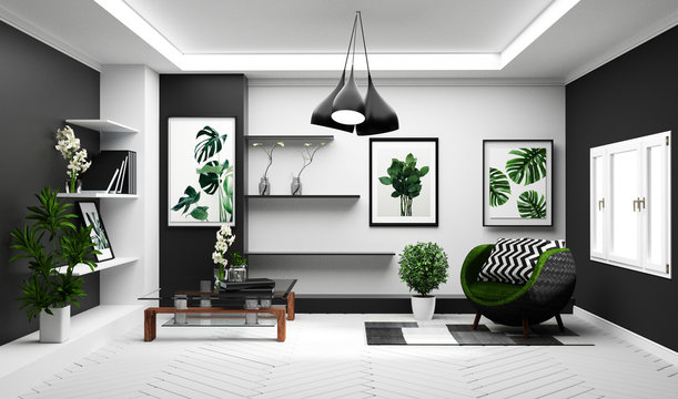 Modern Tropical living room interior with sofa and green plants,lamp,table on white and black wall background. 3d rendering.