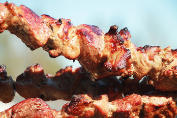 The tasty fried meat on skewers.