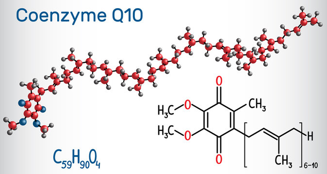 Coenzyme Q10 (ubiquinone, ubidecarenone, coenzyme Q, CoQ10) molecule. It is cofactor  with antioxidant properties. Structural chemical formula and molecule model