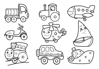 Vector. Contour drawings for children. Сollection.  A car. Helicopter. Aircraft. Steamboat. Motorcycle. Sailboat. The locomotive. In the cartoon style.