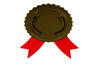 A 3D Illustration of brass award with ribbon on white background