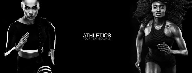 Sport concept. Black and white photo. A strong athletic, women sprinter, running isolated on black,...