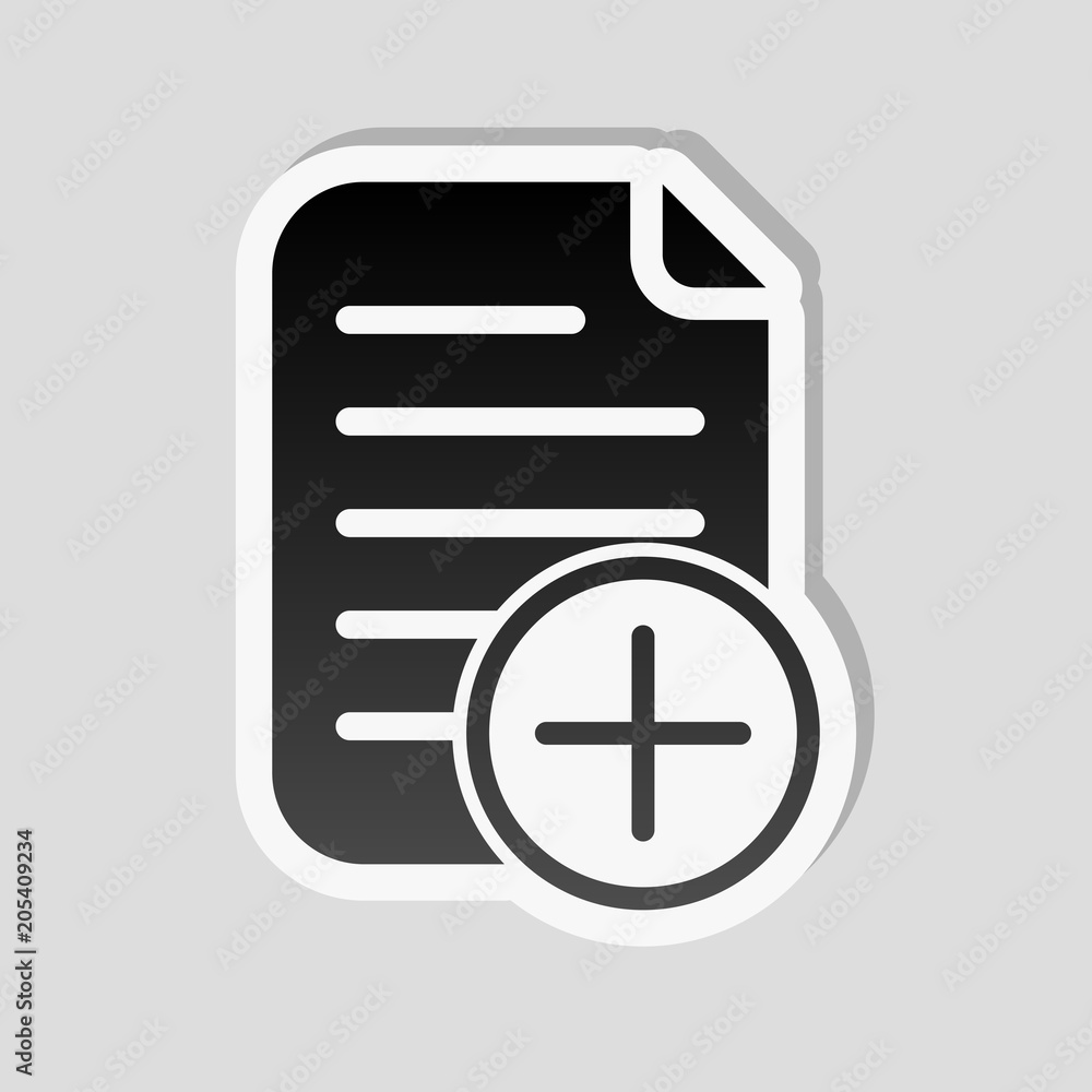 Poster add document icon, paper and plus in circle. sticker style with