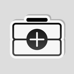 first-aid kit, outline symbol. Sticker style with white border a