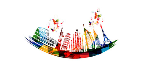 World skyline, famous world landmarks vector illustration design. Travel and tourism background. Colorful turistic landmarks. Around the world famous monuments - obrazy, fototapety, plakaty