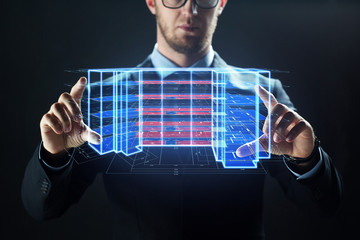 architecture, technology and construction concept - close up of businessman with virtual building...