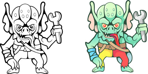 cartoon funny gremlin with a wrench in his hand