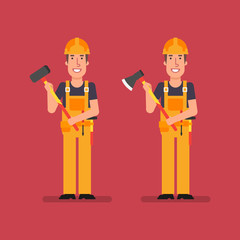 Builder stands and holds big hammer and ax