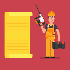 Builder stands near paper list holds perforator and suitcase with tool