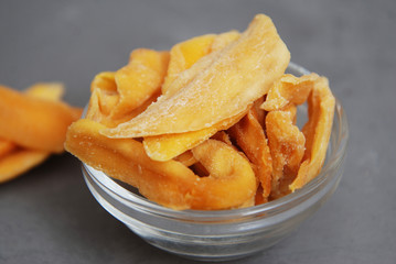 Healthy Snack. Dried Mango Chips in Glass Bowl. Gray Background with Gray Background.