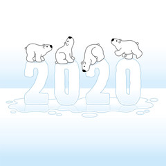 Four Polar Bears Balancing on Floating Frozen Year 2020 on Ice