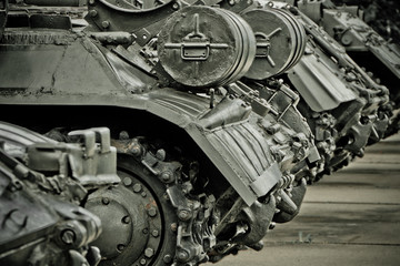 Close up of tank wheels and front part of the tank, located at historic cultural complex called...