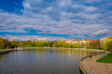 Fototapeta na wymiar Beautiful landscape with the river Svisloch in the Victory Park in Minsk