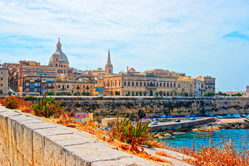 Valletta Skyline with St Paul Cathedral and bastions - obrazy, fototapety, plakaty