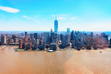 Manhattan downtown panorama and East River NY USA