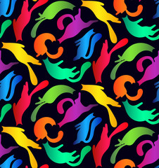 Naklejka premium Cats silhouettes colorful seamless vector pattern