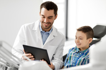 Obraz na płótnie Canvas medicine, dentistry and healthcare concept - smiling male dentist showing tablet pc computer to kid patient at dental clinic