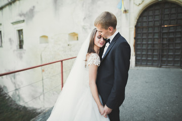 Fototapeta premium Sensual married couple, valentines hugging in front of old slavic castle