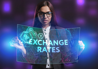 The concept of business, technology, the Internet and the network. A young entrepreneur working on a virtual screen of the future and sees the inscription: Exchange rates