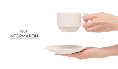 White cup and saucer in hands pattern