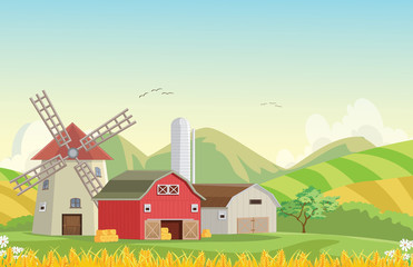 illustration of Mountain countryside with red farm barn