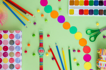 set of color objects - paints, crayons