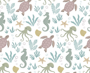 Seamless pattern of underwater life. Vector illustration.