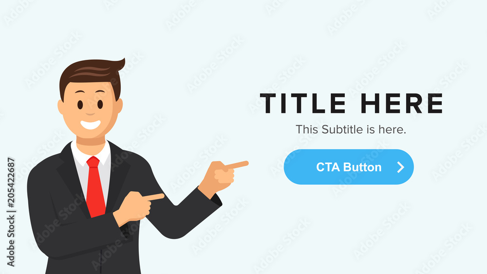 Poster vector site banner template with a man pointing at the button. landing, home page of website or bann