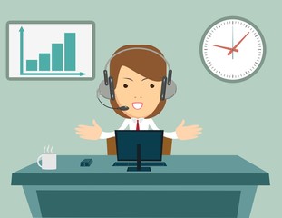 Smiling female operator with headset working at call center. Customer service concept. Stock flat vector illustration.