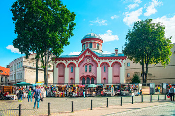 Street market at Church of St Paraskeva in Vilnius