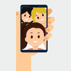 Flat illustration of video call with friends, family. Smartphone in the hand