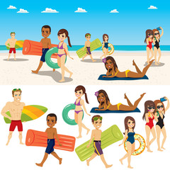 Summer beach people collection with sea background composition and isolated characters