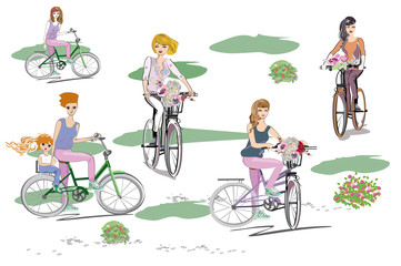 Obraz premium Beatiful fashion women on the bicycle with flowers. Hand drawn vector illustration.