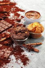 Chocolate muffin and nut muffin, homemade bakery on grey background