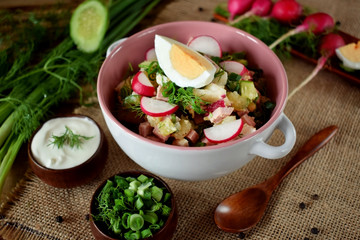 Ingredients for preparing the cold soup okroshka. Russian cuisine traditional meal