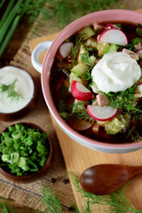 Okroshka with kvass topped with sour cream in a tureen. Traditional meal of the Russian cuisine