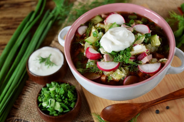 Okroshka with kvass topped with sour cream in a tureen. Traditional meal of the Russian cuisine