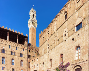 Fototapeta na wymiar Torre del Magnia Tower on Piazza Campo Square in Siena