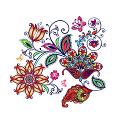 Ornate ornament with Fantastic flowers with paisley and butterflies.Vector illustration.