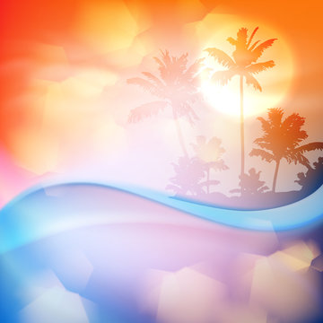 Water wave and island with palm trees in sunset time. EPS10 vector.