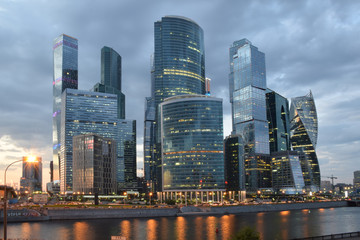 High-rise buildings of the Moscow international business center Moscow-City on the bank of the Moskva River. The beginning of construction 1998. The construction continues. Moscow, May 2018